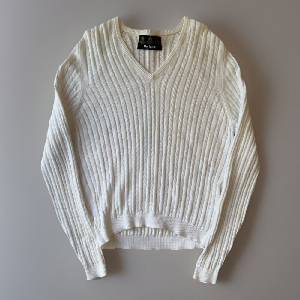 Barbour Cable Knit Sweater Women's 16 White Cotton Pullover V Neck Minimalist